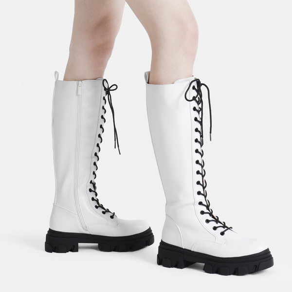 Lace Up Knee High Boots - WHITE PU - 1
